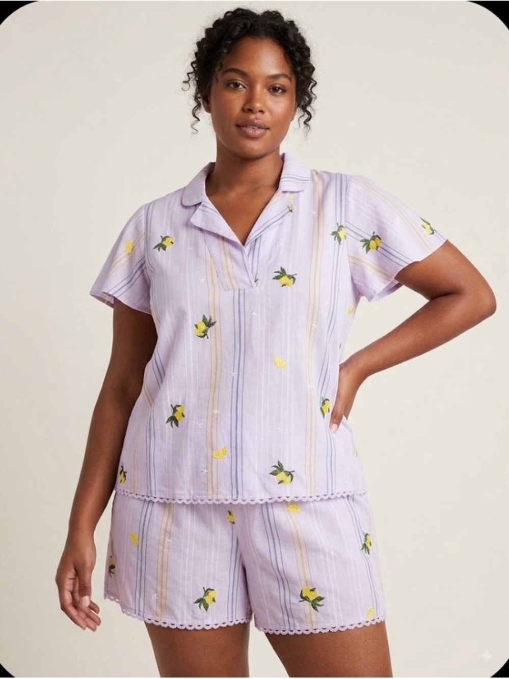 Anthropologie Lavender Lemon-Print Short Pajama Set size M